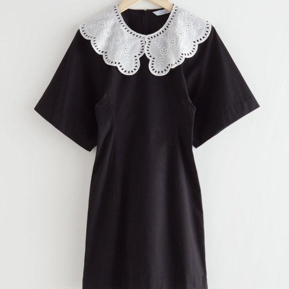 crochet collar mini dress Lily Dress Crochet Knit Mini Dress with Ruffle Hem  Trendy Feminine &  Casual Cotton Blend